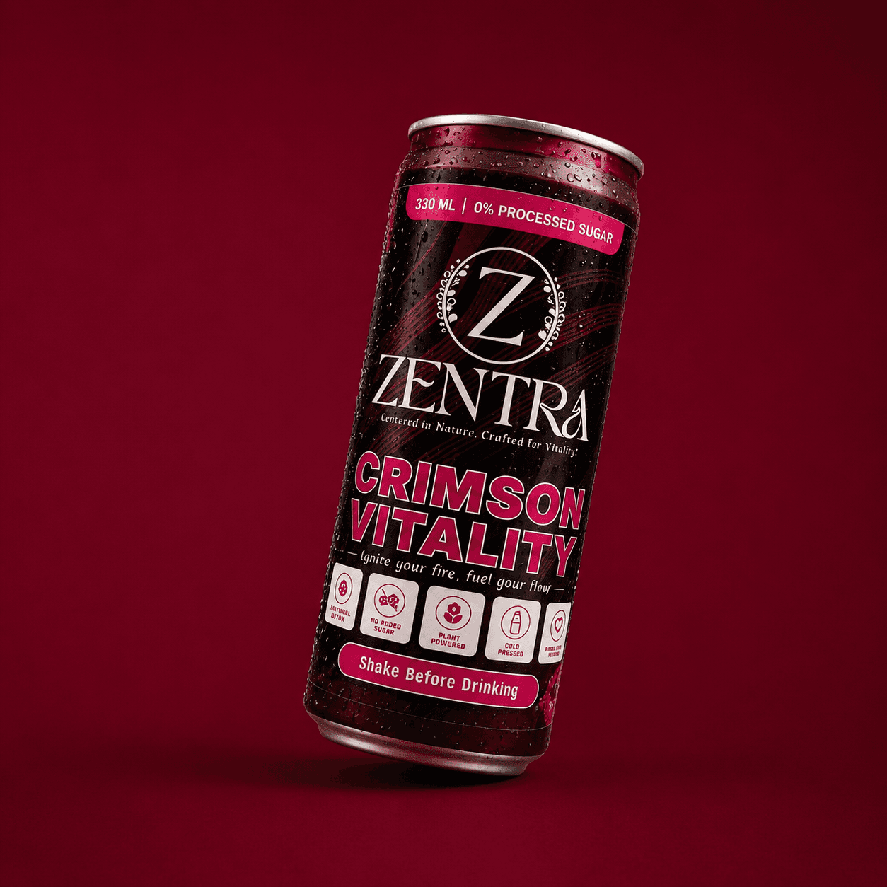 A chilled Zentra Crimson Vitality fruit drink can