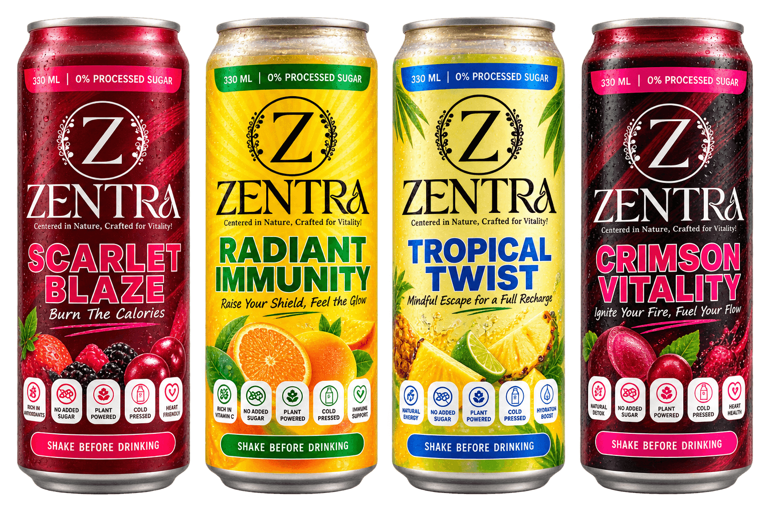 Four Zentra fruit-drink flavours: Scarlet Blaze, Radiant Immunity, Tropical Twist and Crimson Vitality